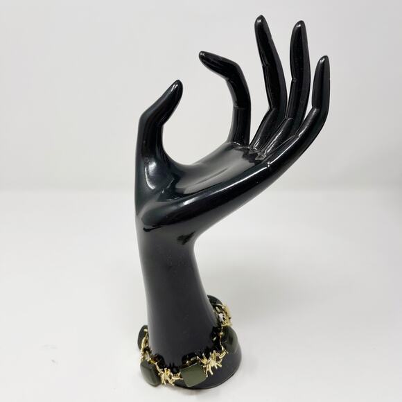 Green and Gold Tone Link Bracelet 8" Length Square - Picture 2 of 7